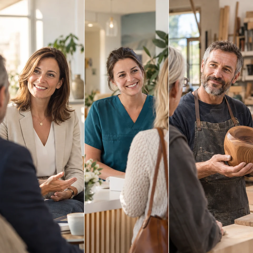 Illustrative, entspannte Kundengespräche in Unternehmen, Praxis und Handwerk. KI-generiert.
