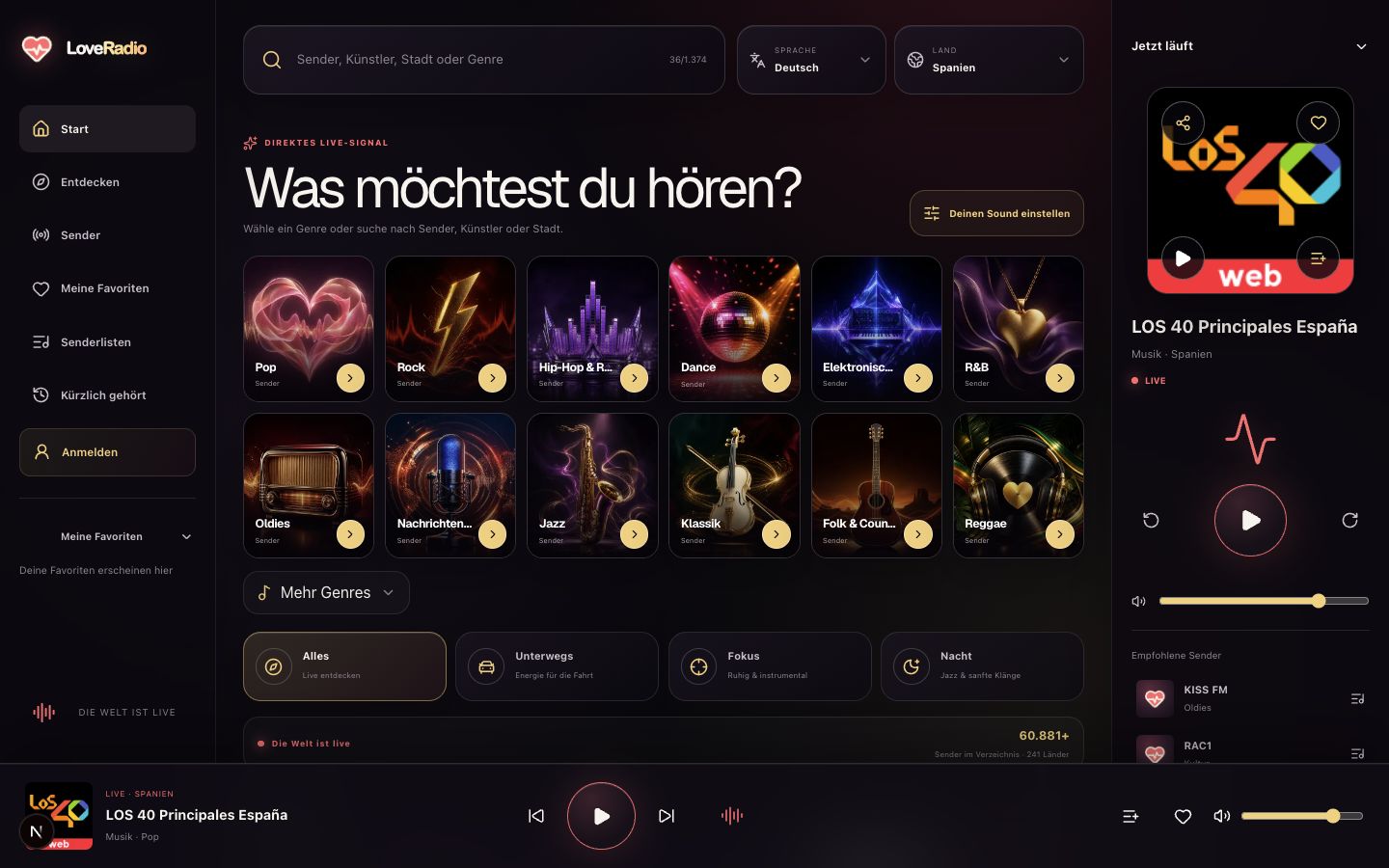 LoveRadio Webapp mit globaler Radiosuche und Live-Player